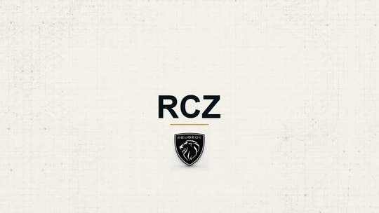 Peugeot RCZ model name with Peugeot logo on a pale technical background