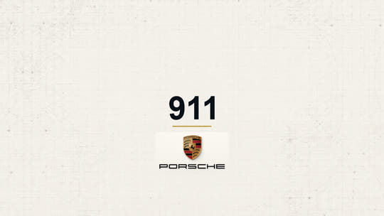 Porsche 911 model name with Porsche logo on a pale technical background