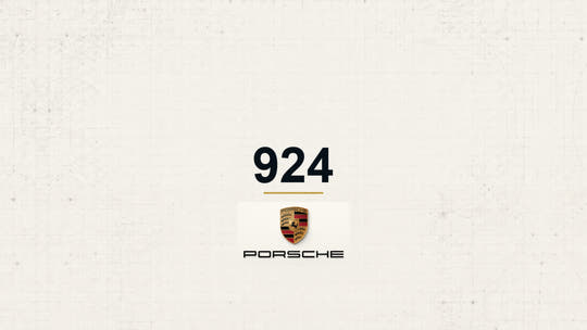 Porsche 924 model name with Porsche logo on a pale technical background