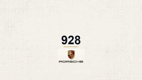 Porsche 928 model name with Porsche logo on a pale technical background