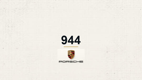 Porsche 944 model name with Porsche logo on a pale technical background