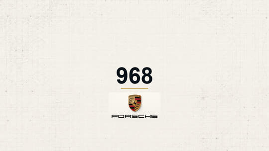 Porsche 968 model name with Porsche logo on a pale technical background