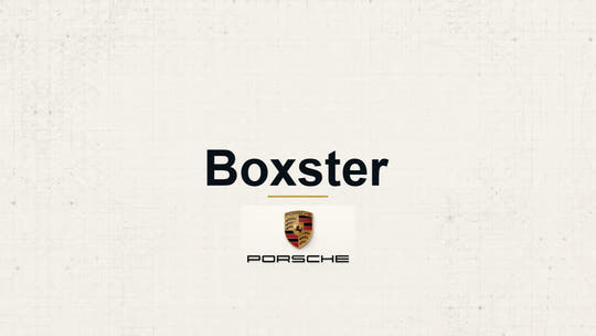 Porsche Boxster model name with Porsche logo on a pale technical background