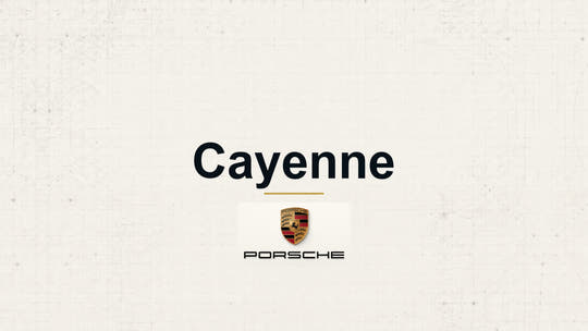 Porsche Cayenne model name with Porsche logo on a pale technical background