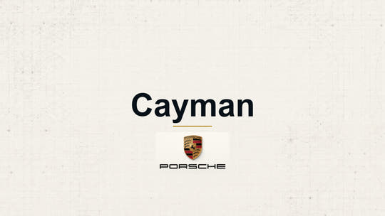 Porsche Cayman model name with Porsche logo on a pale technical background