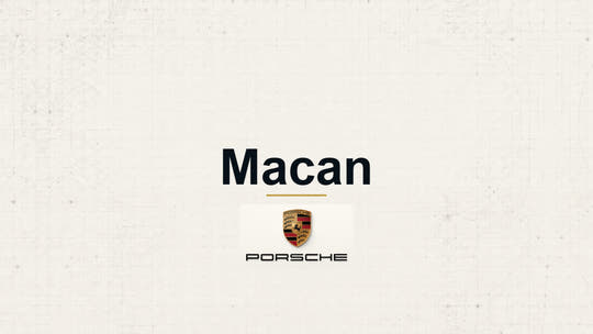 Porsche Macan model name with Porsche logo on a pale technical background