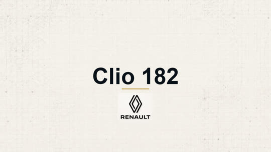 Renault Clio 182 model name with Renault logo on a pale technical background