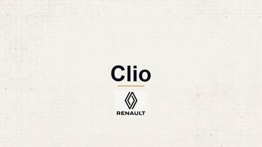 Renault Clio model name with Renault logo on a pale technical background