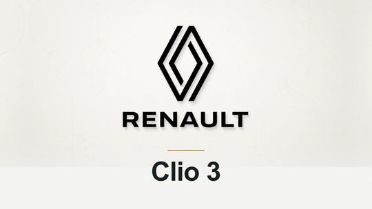 Renault logo and Clio 3 model name on a pale technical background