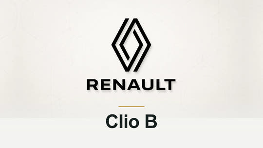 Renault logo and Clio B model name on a pale technical background