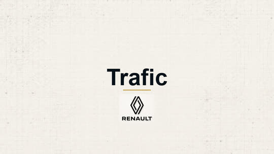 Renault Trafic model name with Renault logo on a pale technical background