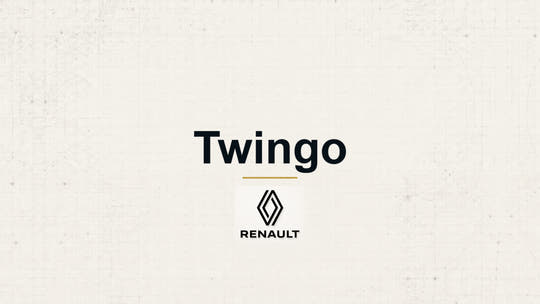 Renault Twingo model name with Renault logo on a pale technical background