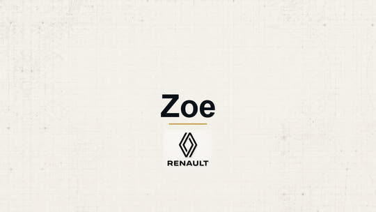 Renault Zoe model name with Renault logo on a pale technical background