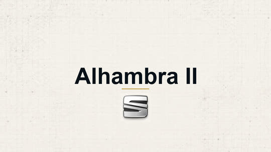 Seat Alhambra II model name with Seat logo on a pale technical background
