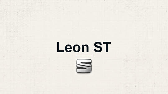 Seat Leon ST model name with Seat logo on a pale technical background
