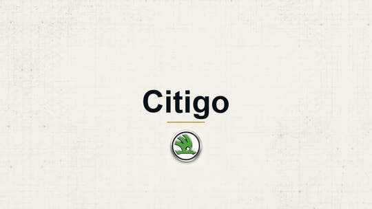 Skoda Citigo model name with Skoda logo on a pale technical background