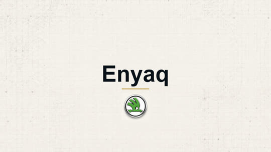 Skoda Enyaq model name with Skoda logo on a pale technical background