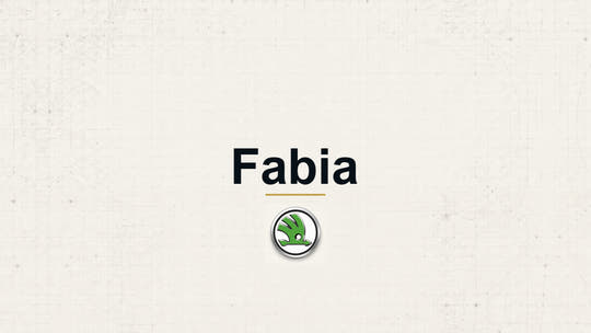 Skoda Fabia model name with Skoda logo on a pale technical background
