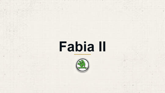 Skoda Fabia II model name with Skoda logo on a pale technical background