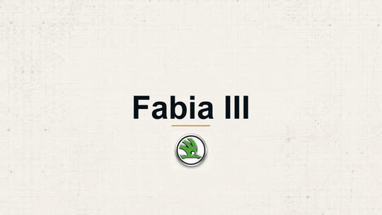 Skoda Fabia III model name with Skoda logo on a pale technical background