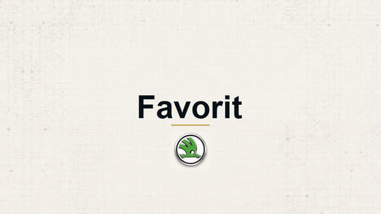 Skoda Favorit model name with Skoda logo on a pale technical background