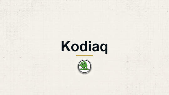Skoda Kodiaq model name with Skoda logo on a pale technical background