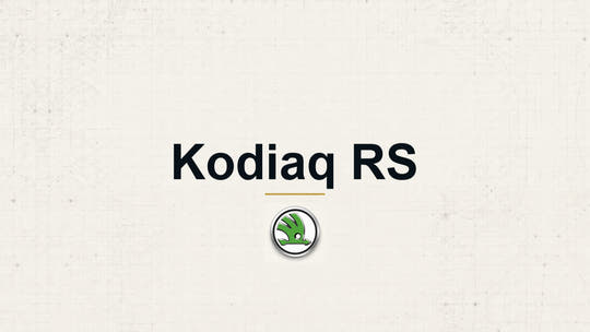 Skoda Kodiaq RS model name with Skoda logo on a pale technical background