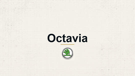 Skoda Octavia model name with Skoda logo on a pale technical background