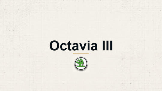 Skoda Octavia III model name with Skoda logo on a pale technical background