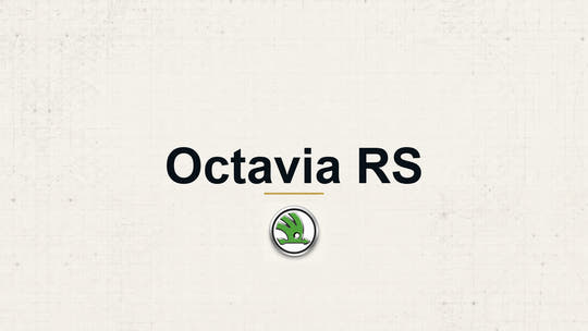 Skoda Octavia RS model name with Skoda logo on a pale technical background