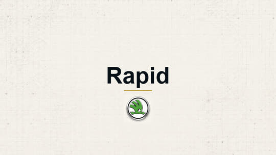 Skoda Rapid model name with Skoda logo on a pale technical background