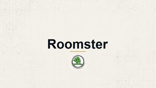 Skoda Roomster model name with Skoda logo on a pale technical background