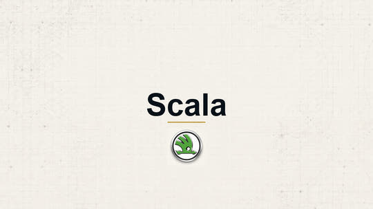 Skoda Scala model name with Skoda logo on a pale technical background