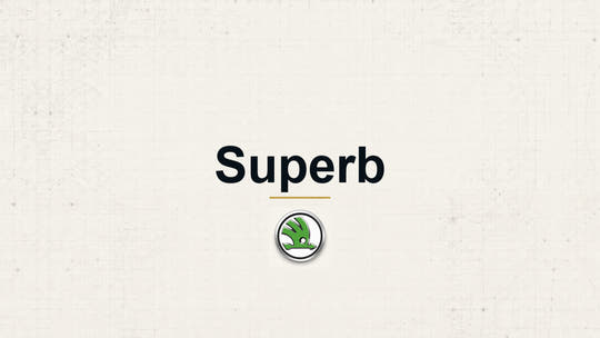 Skoda Superb model name with Skoda logo on a pale technical background