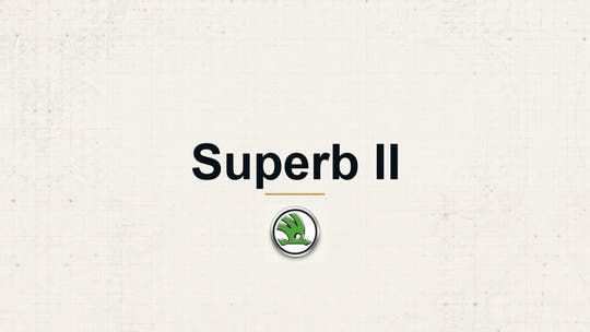 Skoda Superb II model name with Skoda logo on a pale technical background