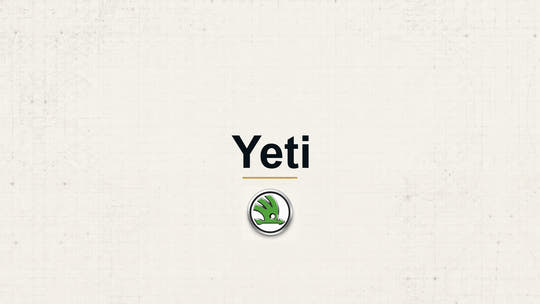 Skoda Yeti model name with Skoda logo on a pale technical background