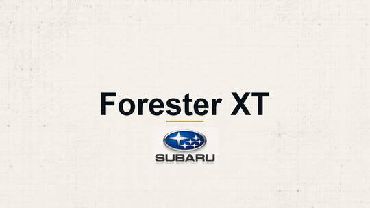 Subaru Forester XT model name with Subaru logo on a pale technical background