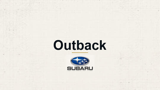 Subaru Outback model name with Subaru logo on a pale technical background