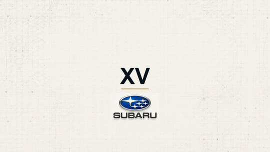 Subaru XV model name with Subaru logo on a pale technical background