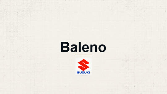 Suzuki Baleno model name with Suzuki logo on a pale technical background