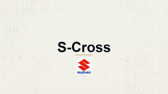 Suzuki S-Cross model name with Suzuki logo on a pale technical background