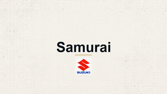 Suzuki Samurai model name with Suzuki logo on a pale technical background