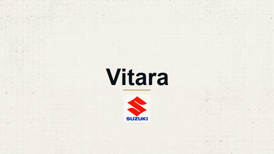 Suzuki Vitara model name with Suzuki logo on a pale technical background