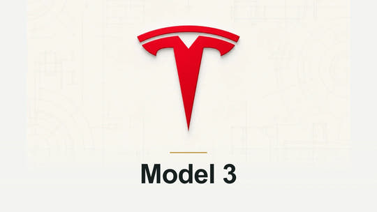 Tesla logo and Model 3 model name on a pale technical background
