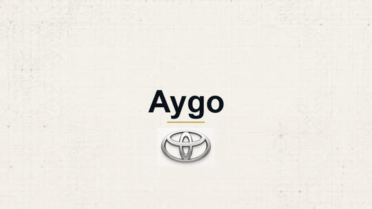 Toyota Aygo model name with Toyota logo on a pale technical background