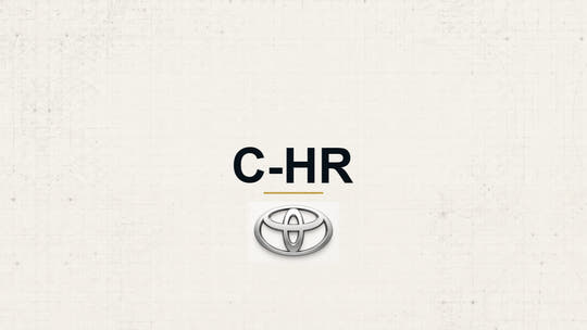 Toyota C-HR model name with Toyota logo on a pale technical background