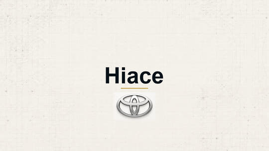 Toyota Hiace model name with Toyota logo on a pale technical background