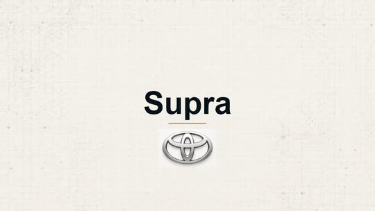 Toyota Supra model name with Toyota logo on a pale technical background