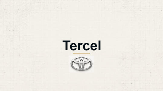 Toyota Tercel model name with Toyota logo on a pale technical background