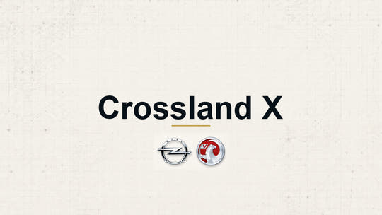 Vauxhall Crossland X model name with Vauxhall logo on a pale technical background